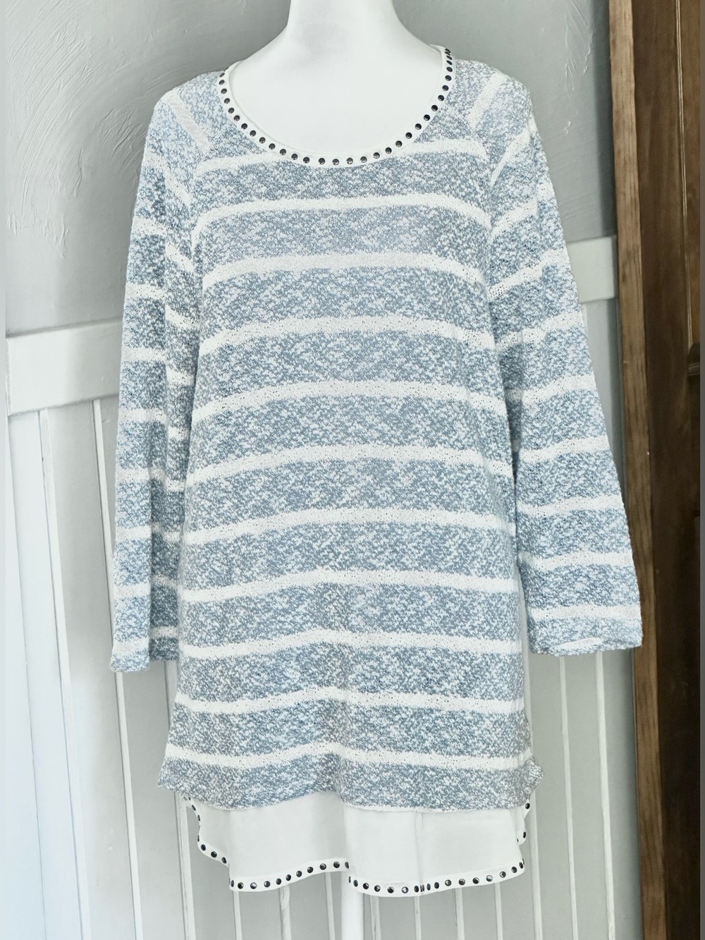 Style & Co. Sweater Blue-Gray White Marled Knit Tunic Stud Trim Women’s XL